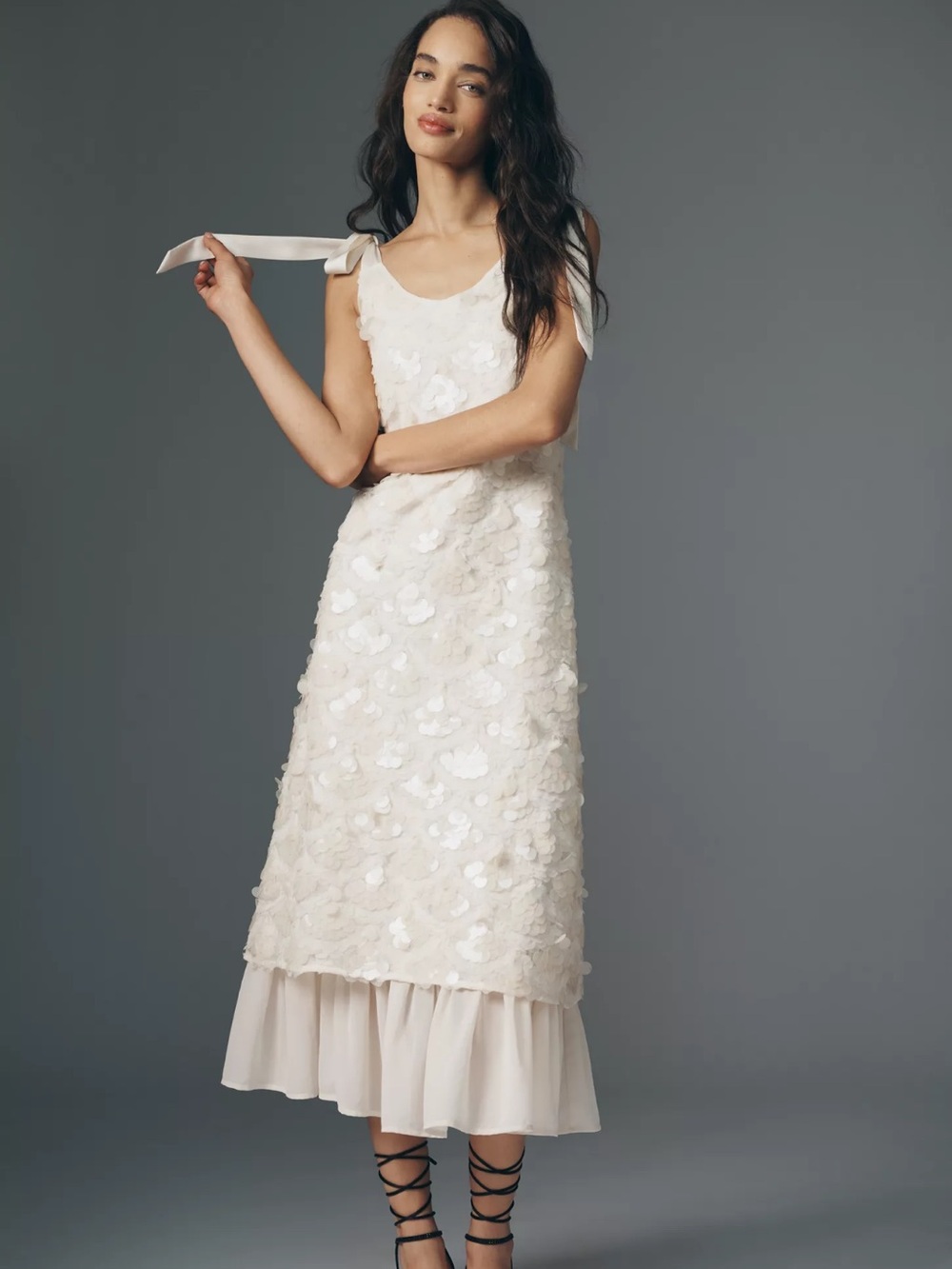 En Saison Ivory Sequin Floral Dress with Tie Straps